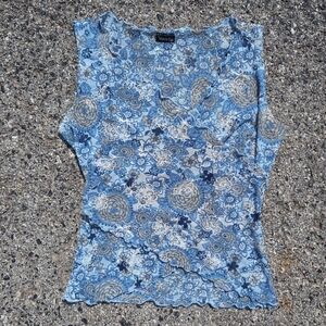 Blue Vanity Sheer Mesh Tank Top Ruffled lettuce trim, wrap style top